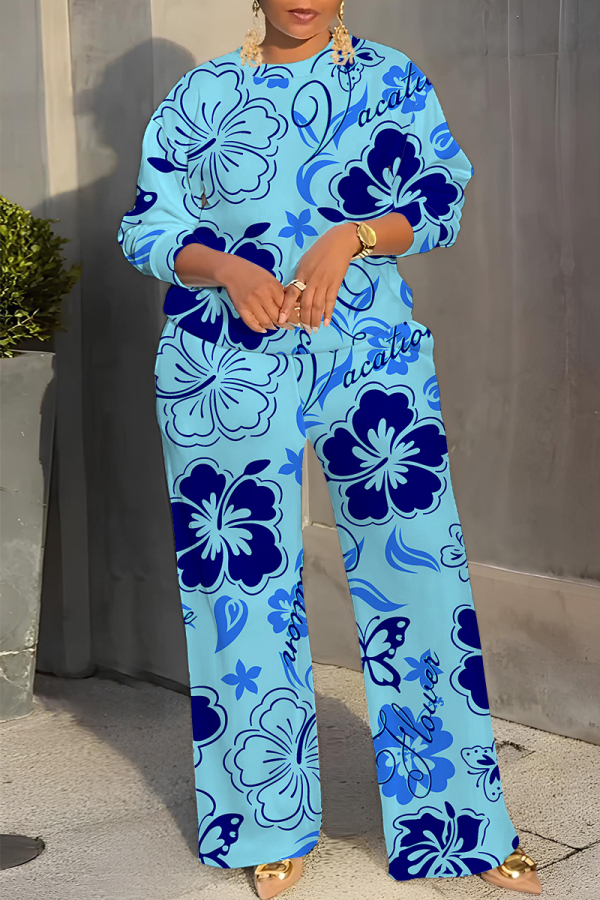 Light Blue Graphcis Print O Neck Long Sleeve Oversize Tops And Wide Leg Pants Sportwear Casual Plus Size Two Pieces Sweatpant Sets