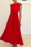 Red Sleeveless Oblique Collar Lace Up Formal Evening Party Prom Maxi Dresses