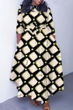 Yellow Graphics Print O Neck 3/4 Sleeve Belted Pockets Long Vacation Casual Pleated A Line Maxi Dresses