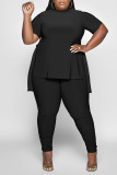 Grass Green O Neck Slit Belted T-shirt And Ruched Skinny Pants Casual Plus Size Two Pieces Trouser Sets