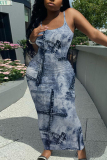 Blue Khaki Faux Denim Print Backless Spaghetti Strap Bodycorn Vacation Long Maxi Slip Dresses