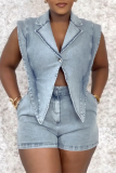 Blue Casual Turndown Collar Sleeveless Buttons Irregular Denim Vest And Shorts Two Pieces Shorts Sets