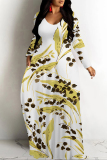 Blue Casual Flowers Colorblock Print Pocket V Neck Long Sleeve Floor Length Maxi Dresses