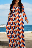 Orange Casual Geometric Print Pocket V Neck Long Sleeve Floor Length Maxi Dresses