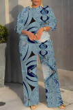 Lake Green Graphcis Print O Neck Long Sleeve Oversize Tops And Wide Leg Pants Sportwear Casual Plus Size Two Pieces Sweatpant Sets