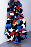 Blue Red Graphics Print O Neck 3/4 Sleeve Belted Pockets Long Vacation Casual Pleated A Line Maxi Dresses