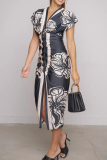 Black Flowers Print V Neck Slit Short Sleeve Casual Vacation A Line Ruched Maxi Dress