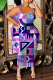Light Purple Graphics Print Sleeveless Backless Spaghetti Strap Bodycorn Vacation Long Maxi Slip Dresses