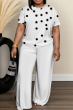 White Black Polka Dot Print O Neck Short Sleeve Oversize T-shirt And Wide Leg Pants Casual Two Pieces Trouser Sets