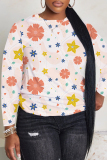 Light Blue Floral Print Round Neck Long Sleeve Casual Plus Size Sweatshirts Tops
