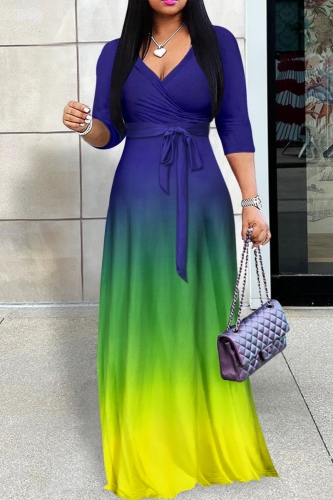 Dark Blue Gradient Print V Neck 3/4 Sleeve Lace Up With Belt Vacation Plus Size Pleated Maxi Dresses