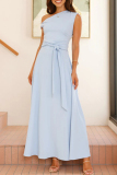 Red Sleeveless Oblique Collar Lace Up Formal Evening Party Prom Maxi Dresses