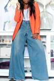 Blue High Waist Pocket Casual Distressed Wide Leg Denim Jeans