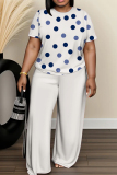 White Black Polka Dot Print O Neck Short Sleeve Oversize T-shirt And Wide Leg Pants Casual Two Pieces Trouser Sets