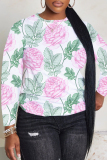 Light Blue Floral Print Round Neck Long Sleeve Casual Plus Size Sweatshirts Tops