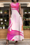 Orange Graphcis Print Backless Sleeveless O Neck Pocket Floor Length Vacation Baggy Sundress Maxi Tank Dress
