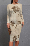 Light Brown Gradient Floral Print O Neck Long Sleeve Casual Outing Bodycon Midi Dresses