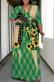 Black Graffiti Print V Neck 3/4 Sleeve Lace Up Casual Outing Plus Size Straight Loose Maxi Dresses