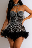 Black Hot Drilling Sleeveless Backless Feathers Hem Hollow Out See-Through Halter Chains Bodycon Tube Mini Dresses