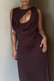 Dark Brown O Neck Sleeveless Hollow Out Slit Formal Evening Party Prom Ruched Maxi Dresses