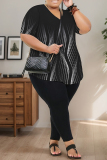Dark Apricot Print V Neck Short Sleeve Oversize T-shirt And Skinny Pants Casual Plus Size Two Pieces Trouser Set