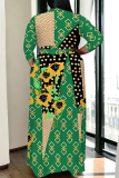 Black Graffiti Print V Neck 3/4 Sleeve Lace Up Casual Outing Plus Size Straight Loose Maxi Dresses