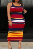 Red Striped Print Sleeveless O Neck Long Casual Vacation Plus Size Bodycon Maxi Tank Dresses