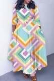 Apricot Graphics Print O Neck 3/4 Sleeve Belted Pockets Long Vacation Casual Pleated A Line Maxi Dresses