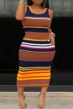 Red Striped Print Sleeveless O Neck Long Casual Vacation Plus Size Bodycon Maxi Tank Dresses