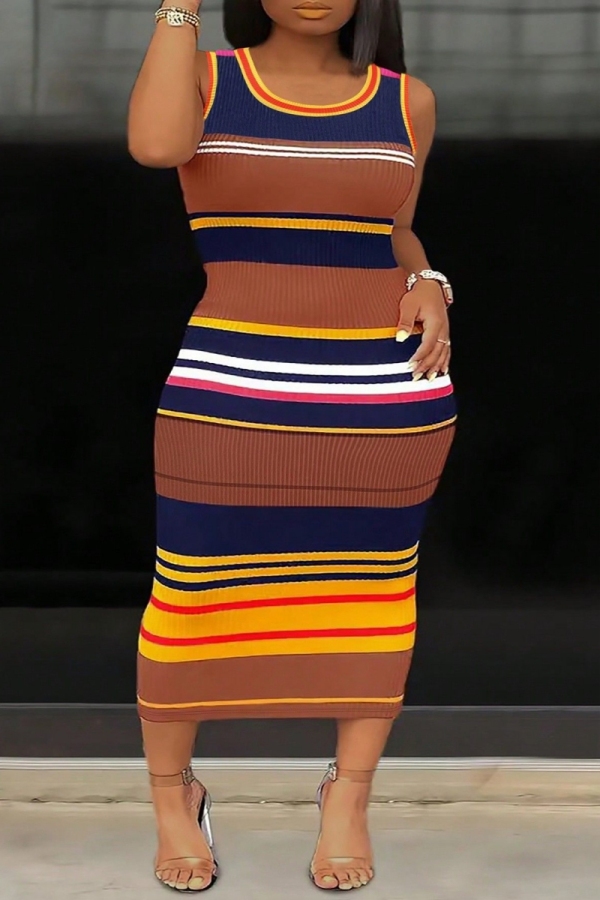 Red Striped Print Sleeveless O Neck Long Casual Vacation Plus Size Bodycon Maxi Tank Dresses