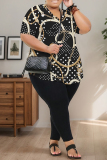 Dark Apricot Print V Neck Short Sleeve Oversize T-shirt And Skinny Pants Casual Plus Size Two Pieces Trouser Set