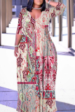 Black Graffiti Print V Neck 3/4 Sleeve Lace Up Casual Outing Plus Size Straight Loose Maxi Dresses