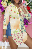 Dark Blue Graphcis Print Shirt Collar Long Sleeve Buttons Slit Casual Vacation Shirt Tops