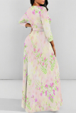 Brown Gradient Floral Print V Neck 3/4 Sleeve Lace Up Summer Outings Vacation Plus Size Loose Maxi Dress