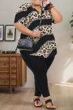 Dark Apricot Print V Neck Short Sleeve Oversize T-shirt And Skinny Pants Casual Plus Size Two Pieces Trouser Set