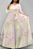 Brown Gradient Floral Print V Neck 3/4 Sleeve Lace Up Summer Outings Vacation Plus Size Loose Maxi Dress
