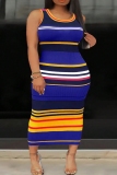 Red Striped Print Sleeveless O Neck Long Casual Vacation Plus Size Bodycon Maxi Tank Dresses