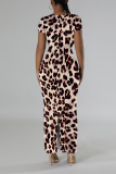Off White Leopard Tiger Stripes Print O Neck Short Sleeve Casual Bodycon Maxi T-shirt Dress