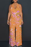 Orange Floral Print Lace Up Sleeveless Backless Loose Vacation Straight Leg Halter Jumpsuits