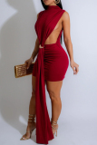 Claret Sleeveless Half A Turtleneck Hollow Out Formal Evening Party Prom Sash Bodycon Mini Dresses