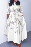 Apricot Graphics Print O Neck 3/4 Sleeve Belted Pockets Long Vacation Casual Pleated A Line Maxi Dresses