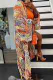 Color Graphics Print Cardigan Collar Long Sleeve Vacation Chiffon Long Coat Cape
