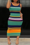Red Striped Print Sleeveless O Neck Long Casual Vacation Plus Size Bodycon Maxi Tank Dresses