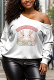 White Cartoon Print Oblique Collar Long Sleeve Casual Fall Winter Sweatshirt Tops