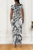 Off White Leopard Tiger Stripes Print O Neck Short Sleeve Casual Bodycon Maxi T-shirt Dress