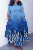 Apricot Graphics Print O Neck 3/4 Sleeve Belted Pockets Long Vacation Casual Pleated A Line Maxi Dresses