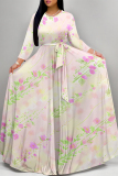 Brown Gradient Floral Print V Neck 3/4 Sleeve Lace Up Summer Outings Vacation Plus Size Loose Maxi Dress