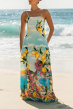 Light Blue Fruit Print Sleeveless Square Neck Lace Up Vacation Loose Maxi Slip Dresses