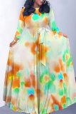 Brown Gradient Floral Print V Neck 3/4 Sleeve Lace Up Summer Outings Vacation Plus Size Loose Maxi Dress