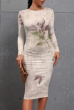 Light Brown Gradient Floral Print O Neck Long Sleeve Casual Outing Bodycon Midi Dresses